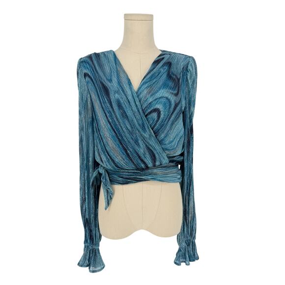 Ramy Brook Crop Top Blue Metallic Plisse Long Sleeve Blouse V-Neck, Designer XS - Picture 1 of 8